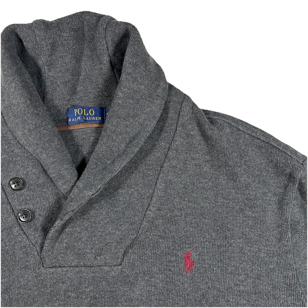 Polo Ralph Lauren Shawl Collar Pullover Mens L‎ Grey Elbow Patch Sweater Preppy